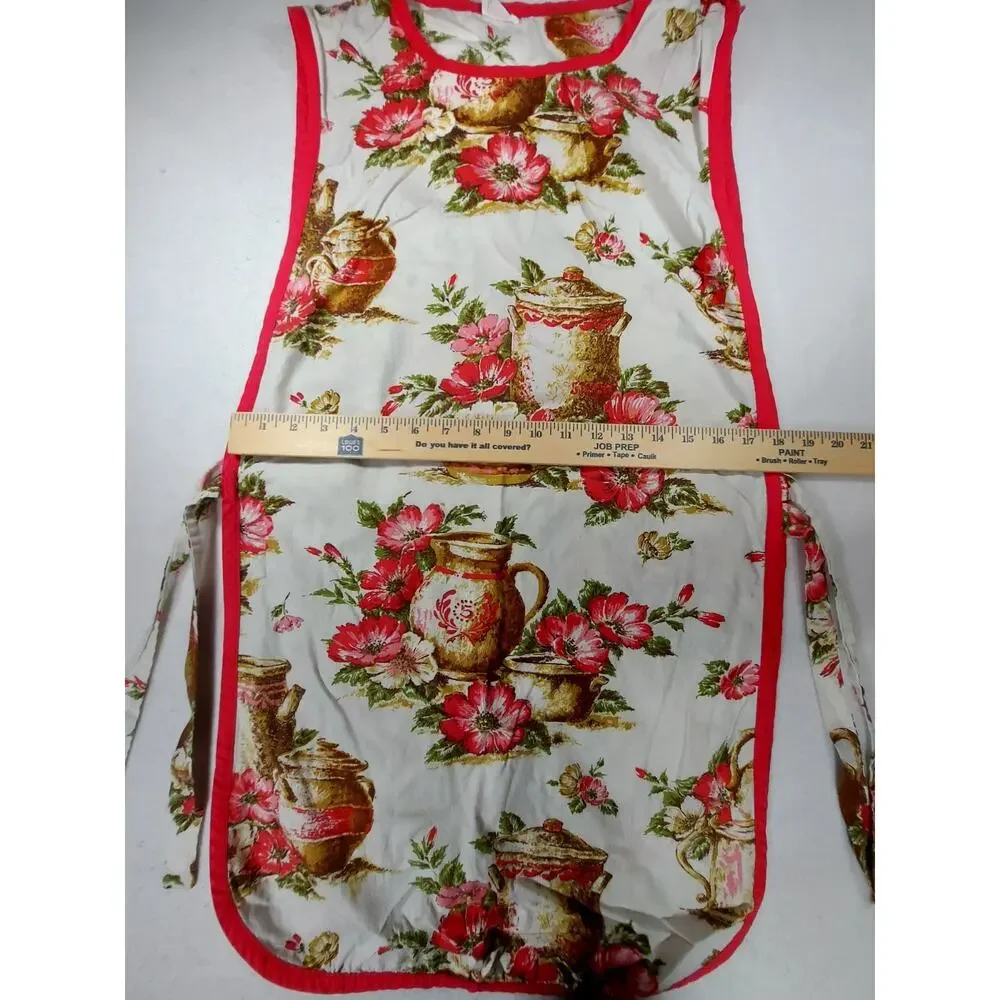 Vtg 1950s 1960s Carmen Lee Smock Apron Full Bib Cottagecore Pitcher Floral Red